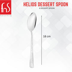 Single Helios dessert spoon with measurement showing 18 cm length, featuring mirror finish and textured handle design