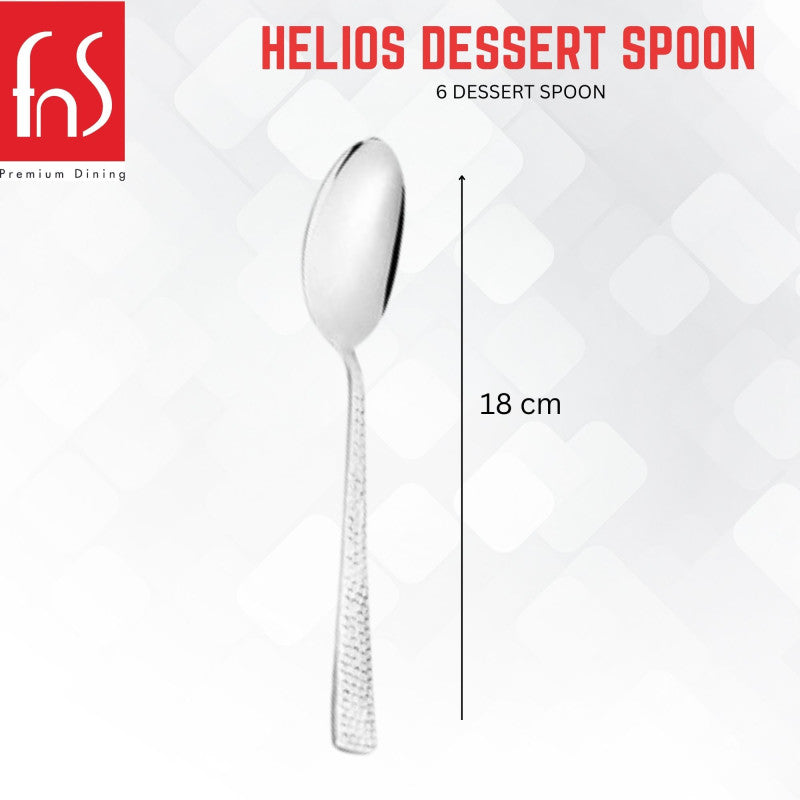 Helios Dessert Spoon 6-piece set infographic displaying food grade safe, easy to clean, dishwasher safe, mirror finish, and durable stainless steel features