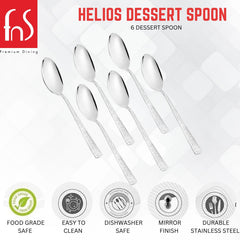 Helios dessert spoon 6-piece set infographic showing food grade safe, easy to clean, dishwasher safe, mirror finish, and durable stainless steel features