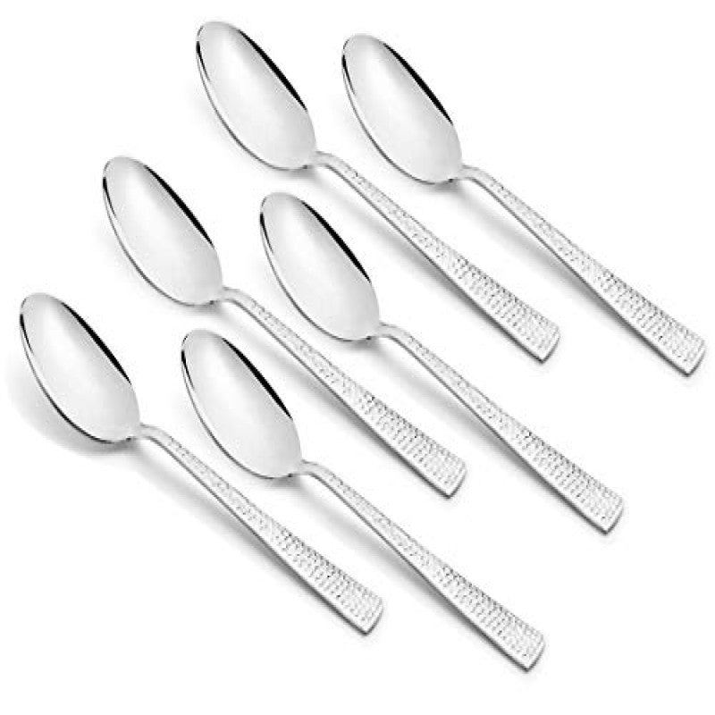 Six Helios stainless steel dessert spoons with textured handles displayed on white background