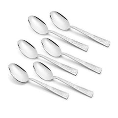 Six Helios stainless steel baby spoons with textured handles arranged in two rows on white background, premium baby feeding flatware