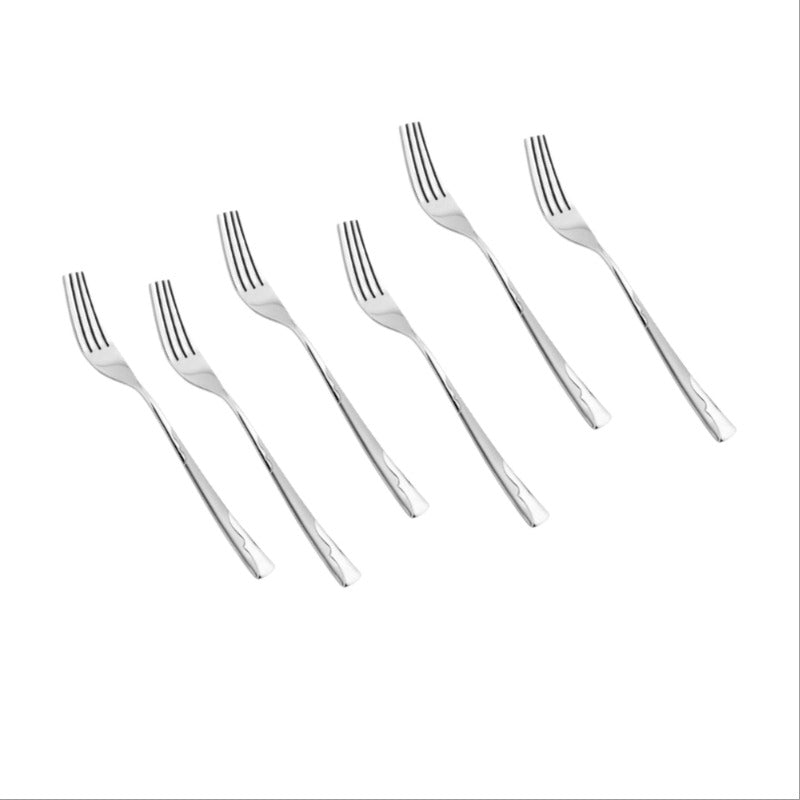 Six stainless steel dinner forks with decorative twisted handles arranged diagonally against white background