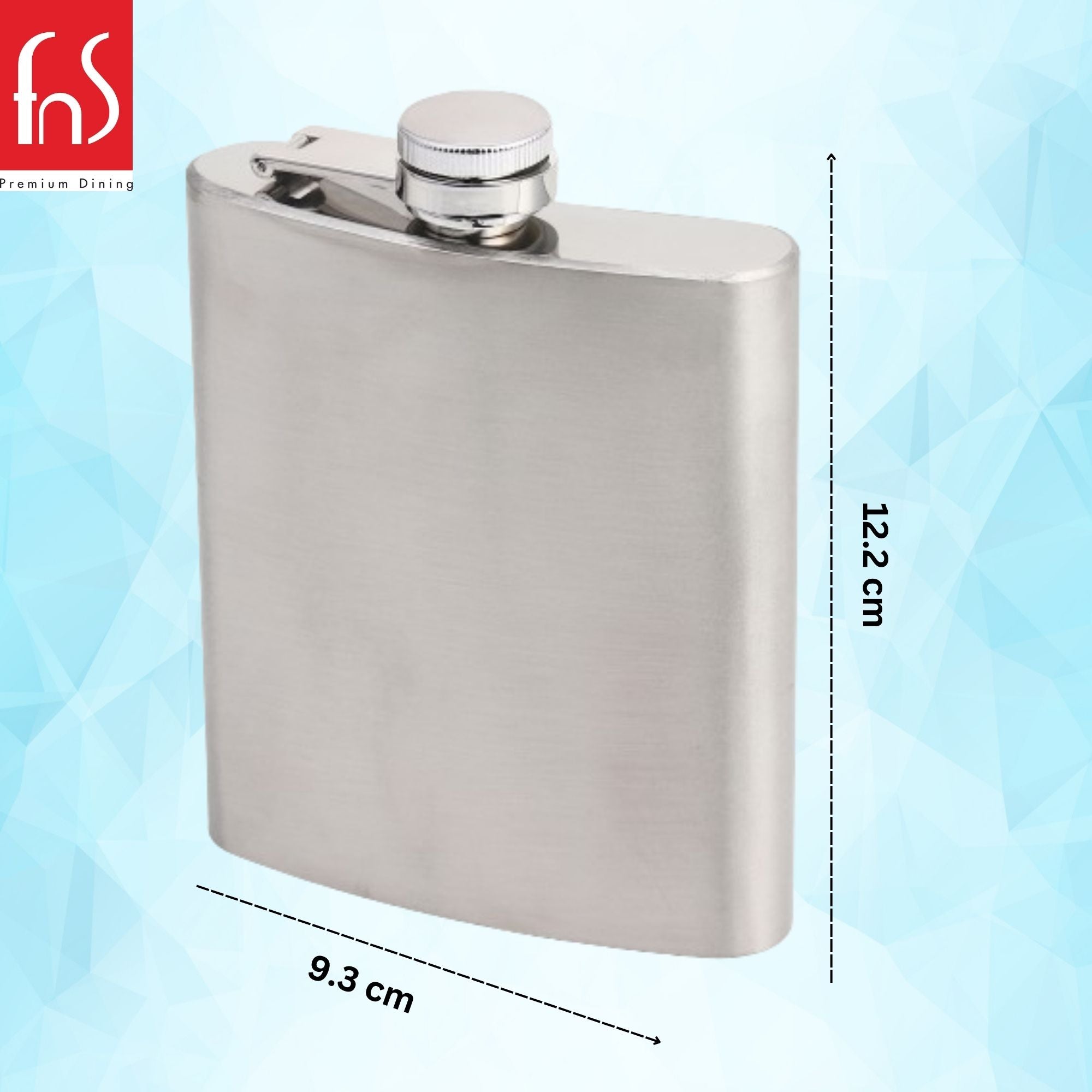 Hip flask product dimensions showing 12.2cm height and 9.3cm width measurements on light blue background