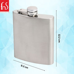 Hip flask product dimensions showing 12.2cm height and 9.3cm width measurements on light blue background