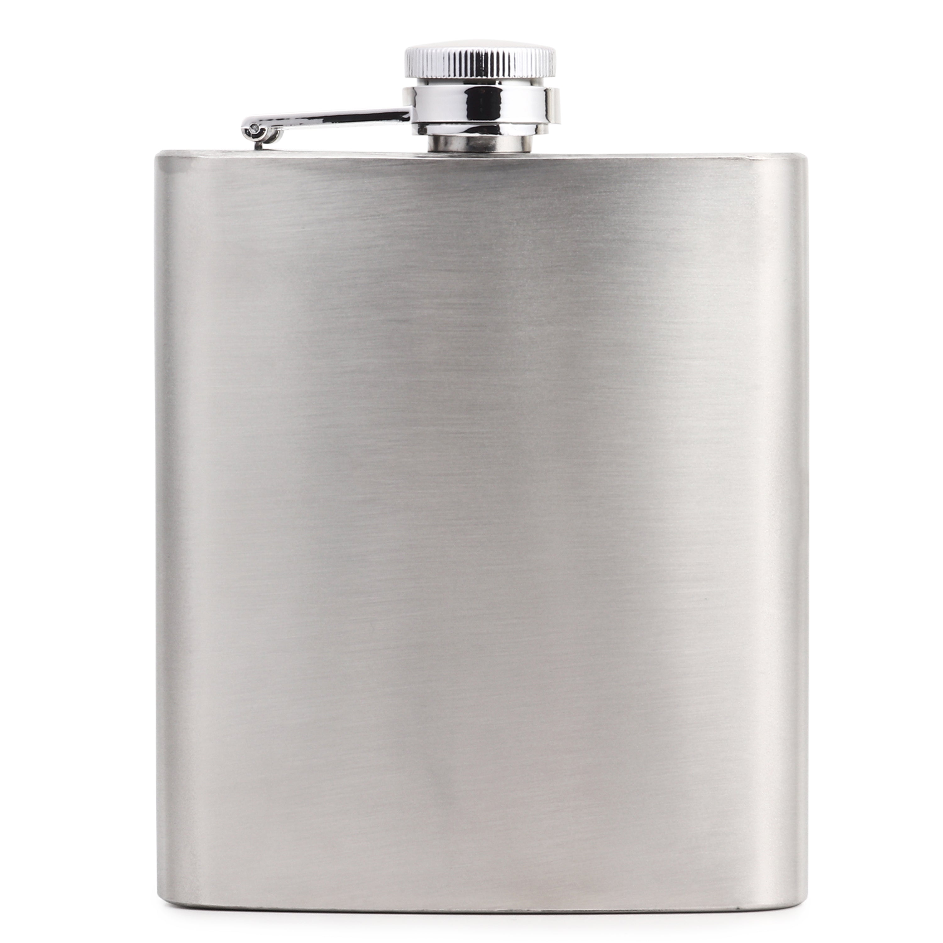 Front view of pocket hip flask with brushed stainless steel finish and captive screw cap with textured grip