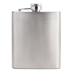 Front view of pocket hip flask with brushed stainless steel finish and captive screw cap with textured grip