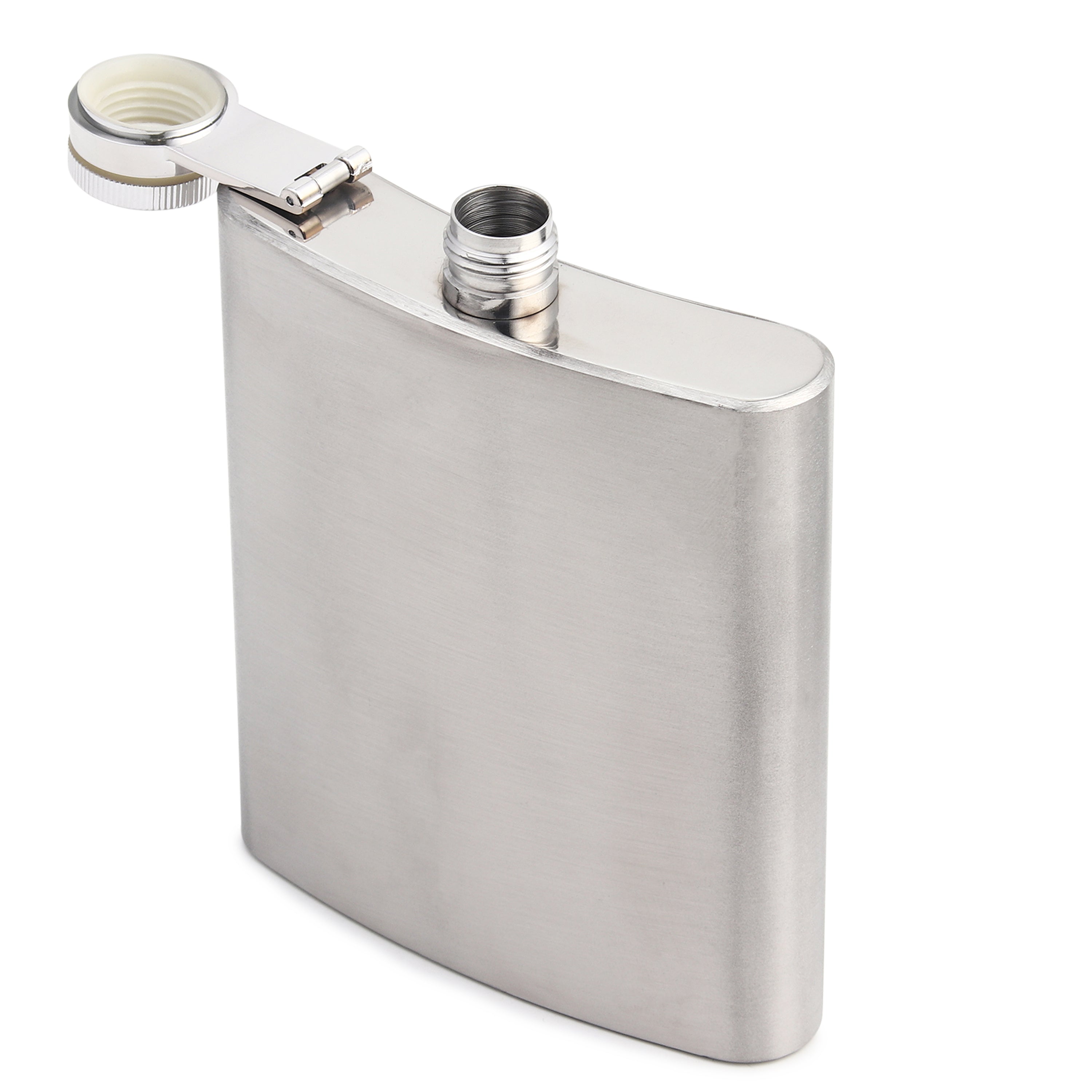 Stainless steel hip flask with integrated shot cup cap open showing leak-proof threaded design and rubber seal