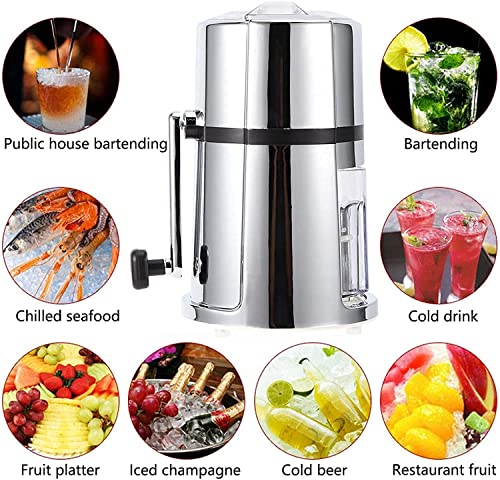 Manual ice crusher versatile applications including bartending, chilled seafood, cold drinks, fruit platters, iced champagne, and cold beer service