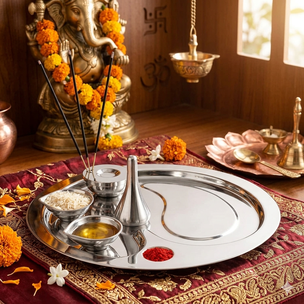 FnS Premium Stainless Steel Pooja Thali Set - 5 Pc Set (Silver) (Pooja Thali)