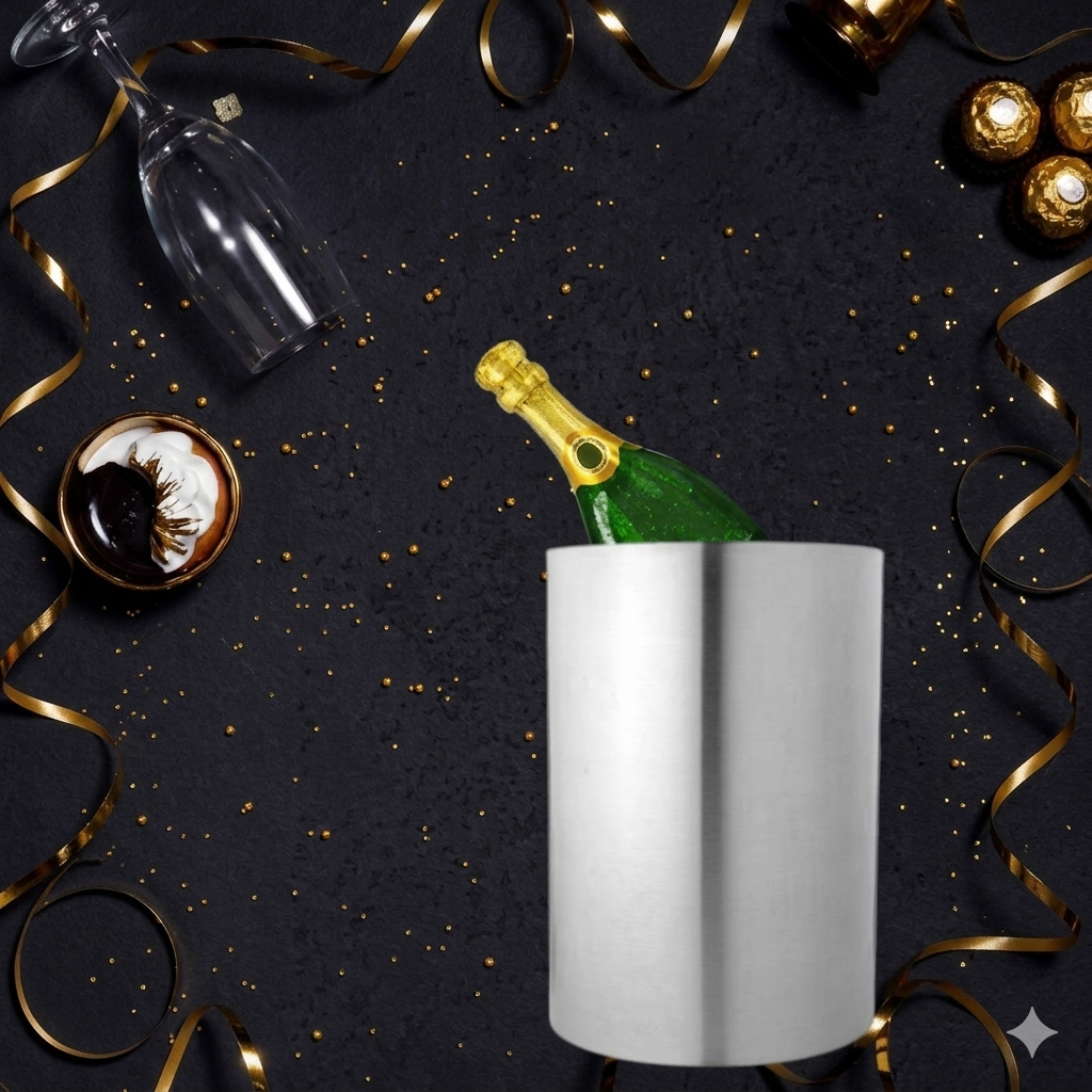 FnS Stainless Steel Wine Chiller Bucket 1 Liter holding a champagne bottle on a festive table with elegant party decor.

