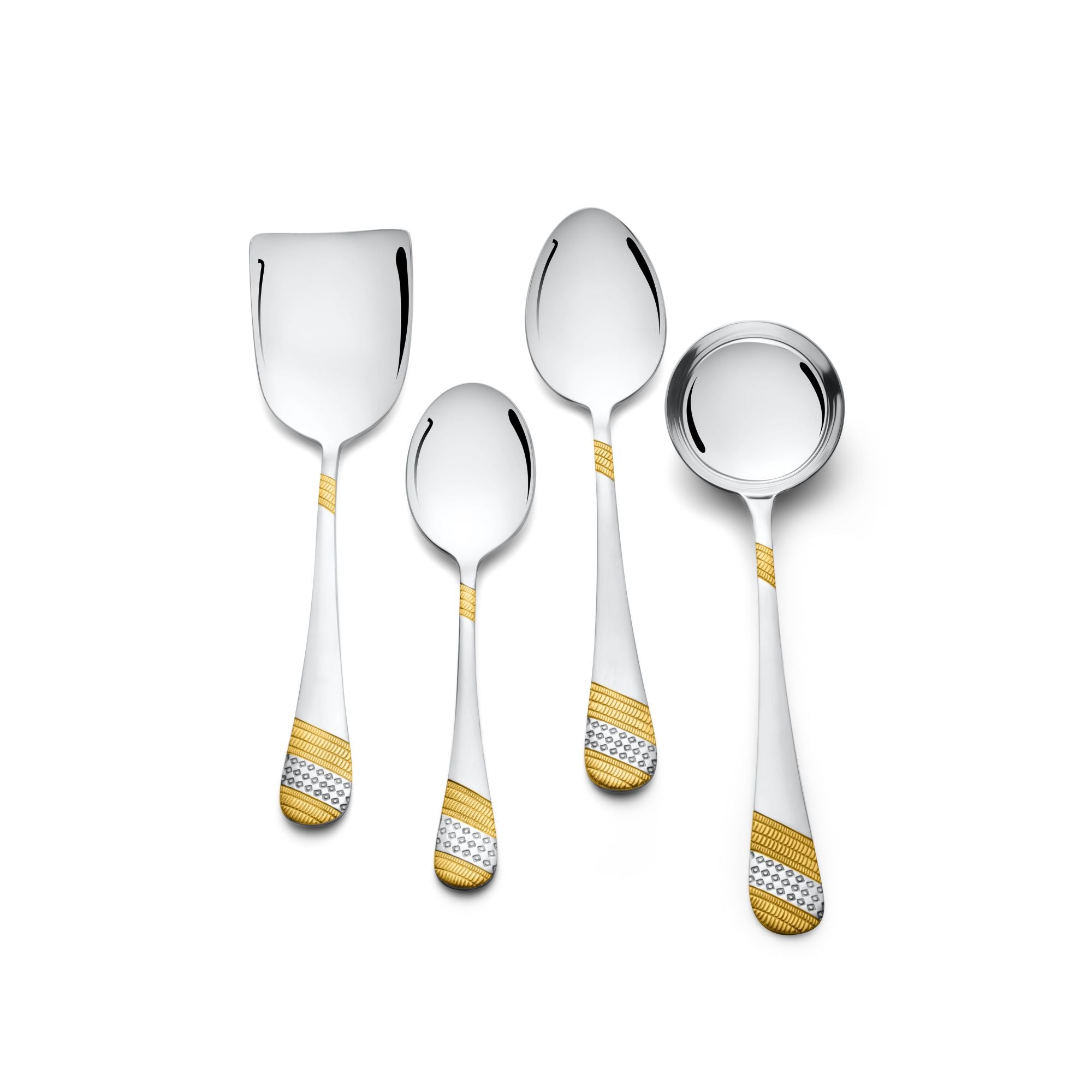 Four-piece stainless steel serving utensil set with gold and silver patterned handles, including spatula, serving spoons, and ladle on white background.