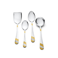 Four-piece stainless steel serving utensil set with gold and silver patterned handles, including spatula, serving spoons, and ladle on white background.