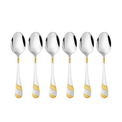 Six Imperio baby spoons featuring mirror polished stainless steel bowls with luxurious 24K gold and silver plated geometric pattern handles arranged on white