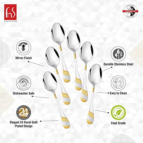 Imperio dinner spoon features infographic highlighting mirror finish, durable stainless steel, dishwasher safe, elegant 24K gold plated design and food grade safe