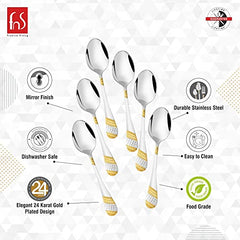 Imperio dinner spoon features infographic highlighting mirror finish, durable stainless steel, dishwasher safe, elegant 24K gold plated design and food grade safe