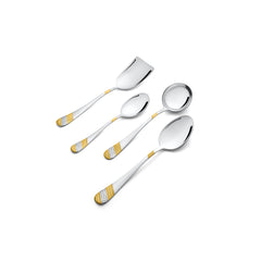Four-piece serving spoon set with gold and silver decorative handles arranged in diagonal composition, featuring spatula, spoons, and ladle on white background.