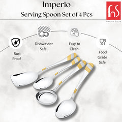 Imperio four-piece serving spoon set with gold and silver decorative handles, highlighting rust-proof, dishwasher-safe, easy-to-clean, and food-grade safe features on white background.
