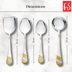 Dimensions chart displaying Imperio four-piece serving spoon set sizes: spatula 26cm, large serving spoon 25cm, medium spoon 21cm, and ladle 24cm.