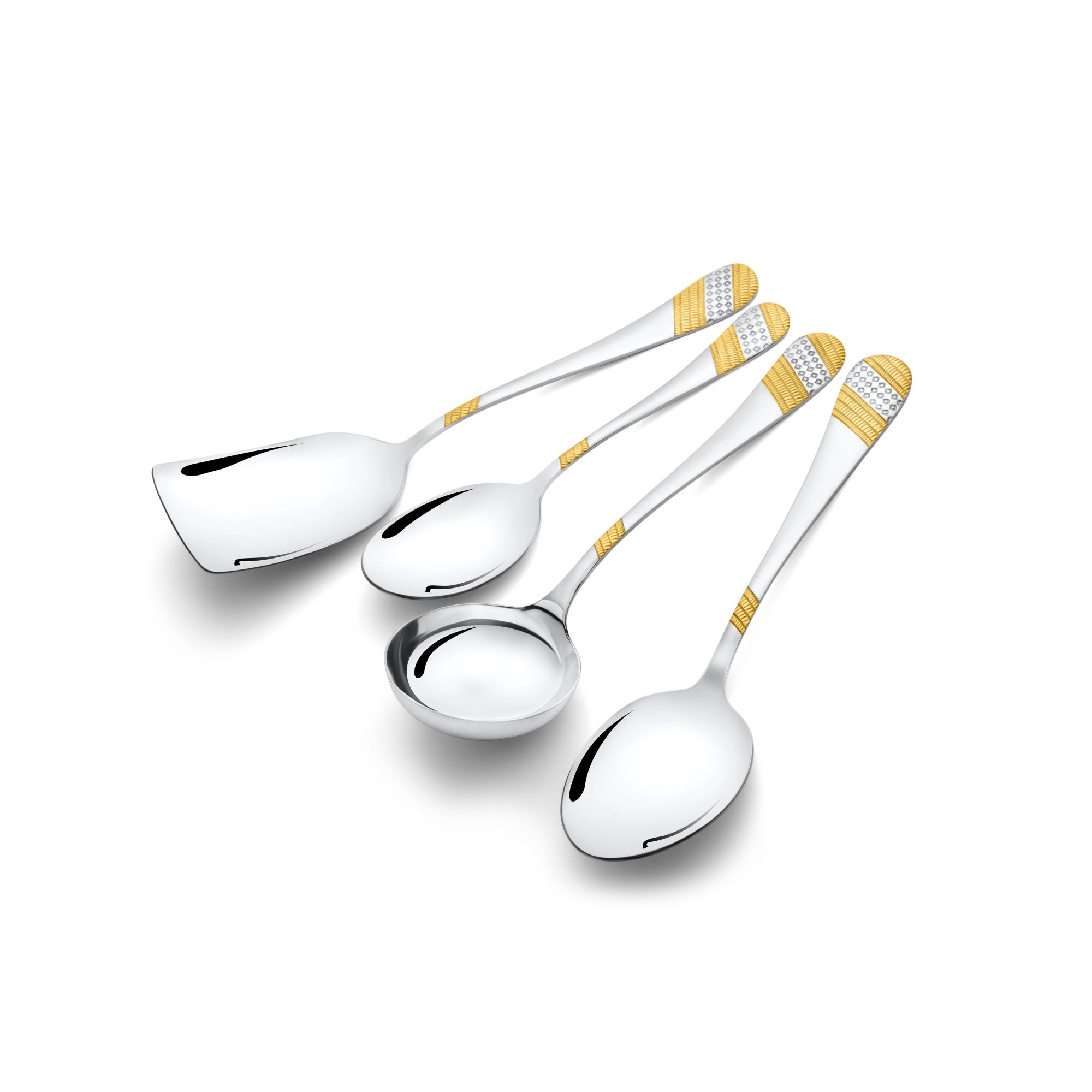Four stainless steel serving utensils with decorative gold and silver handles arranged diagonally, including spatula, spoons, and ladle on clean white background.