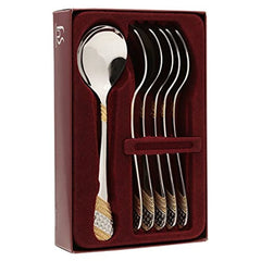 Imperio premium soup spoon set featuring mirror finish stainless steel with 24K gold and silver plated handles presented in elegant maroon gift packagingRetry