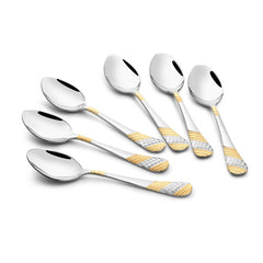 FNS Imperio stainless steel baby spoon set of 6 pieces with premium 24K gold and silver plated textured handles displayed at angle on white