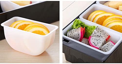 Individual white compartments showing orange slices and dragon fruit with radish garnish in gray condiment tray