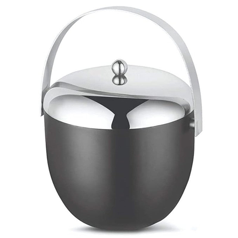 Black finish ice bucket with mirror polished stainless steel lid and curved handle on white background