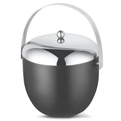 Black finish ice bucket with mirror polished stainless steel lid and curved handle on white background