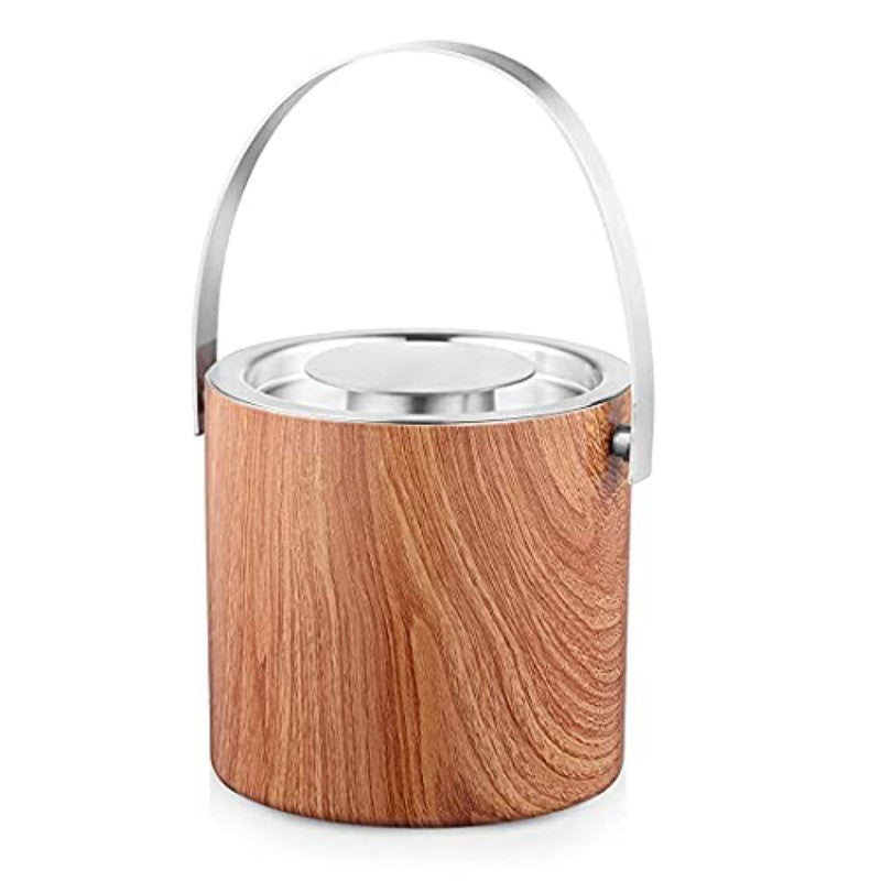 Insulated ice bucket with natural wood grain finish, mirror polished stainless steel lid and curved handle on white background