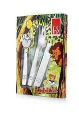 Kiddie cutlery set packaged in jungle-themed box with animal illustrations and cartoon forest background.