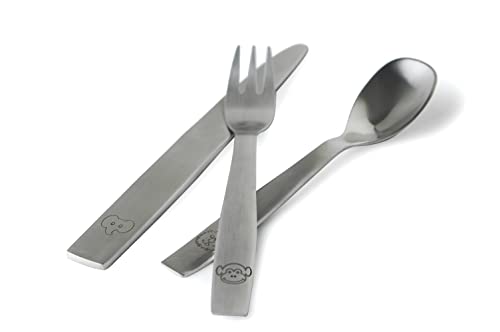 Playful children’s cutlery set with animal engravings—elephant, monkey, lion—arranged on white background.