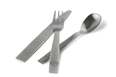 Playful children’s cutlery set with animal engravings—elephant, monkey, lion—arranged on white background.