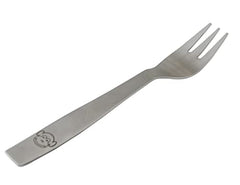 Stainless steel children’s fork featuring a monkey engraving, isolated on clean white background.