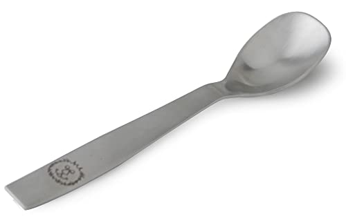 Children’s stainless steel spoon with engraved lion face, displayed on white background.