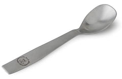Children’s stainless steel spoon with engraved lion face, displayed on white background.