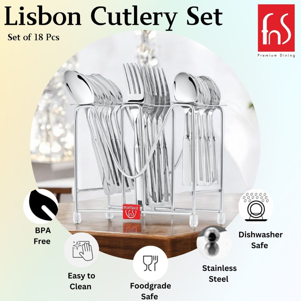 Lisbon 18-piece cutlery set in stand, featuring stainless steel, BPA-free, food-safe, dishwasher-safe qualities.