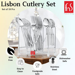 Lisbon 18-piece cutlery set in stand, featuring stainless steel, BPA-free, food-safe, dishwasher-safe qualities.