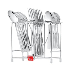 24-piece cutlery set neatly arranged in chrome-finish stand, featuring polished silver handles.