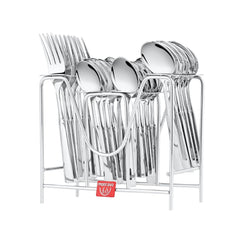 Organized stainless steel cutlery set in silver rack stand with “Montavo” label on clean white background.