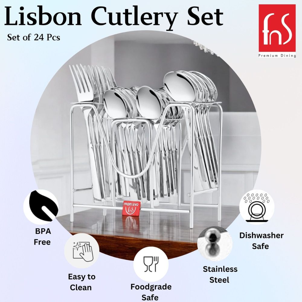 Lisbon 24-piece stainless steel cutlery set in stand, BPA free, dishwasher safe, easy to clean.