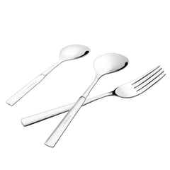 Stylish cutlery trio—two spoons and a fork—angled diagonally with polished stainless-steel finish.