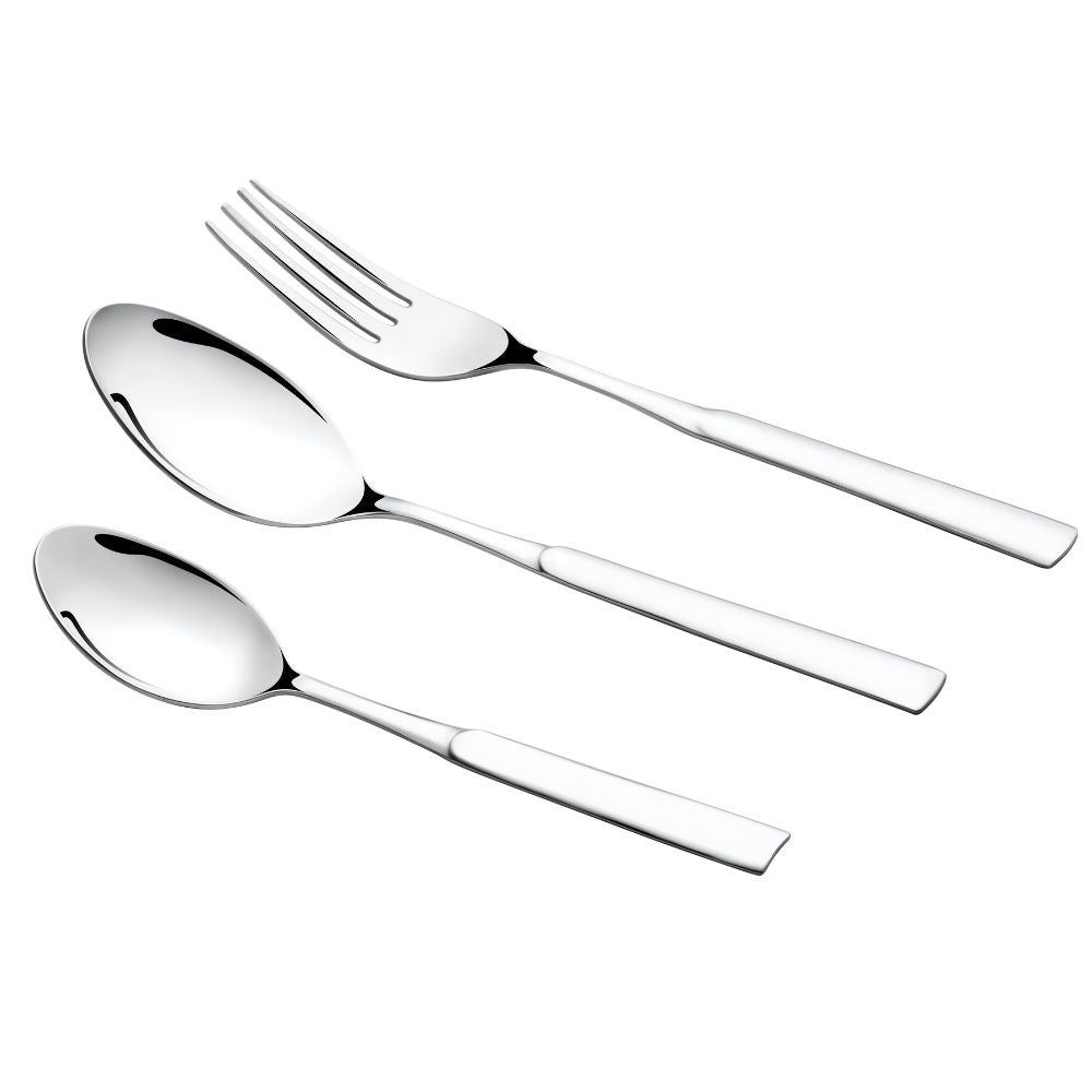 Elegant fork and spoons displayed horizontally with modern, squared handles on white background.