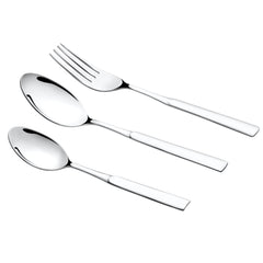 Elegant fork and spoons displayed horizontally with modern, squared handles on white background.