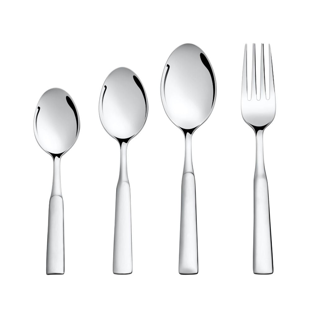 Polished spoon, fork, and teaspoons neatly aligned upright against a clean white background for presentation.