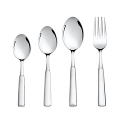 Polished spoon, fork, and teaspoons neatly aligned upright against a clean white background for presentation.