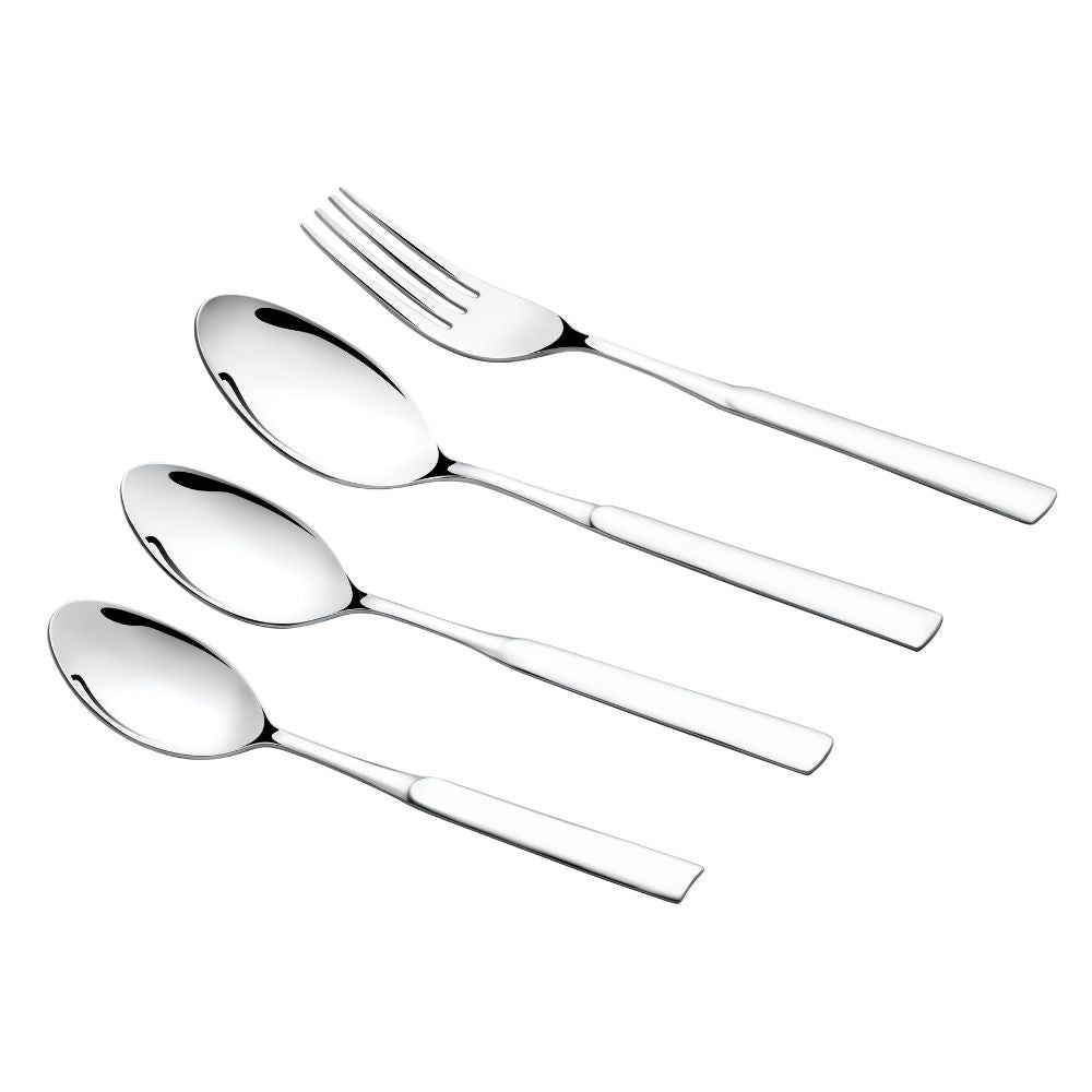 Set of four shiny, modern cutlery pieces: two spoons, fork, and teaspoon on a white background.
