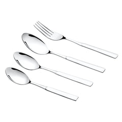 Set of four shiny, modern cutlery pieces: two spoons, fork, and teaspoon on a white background.