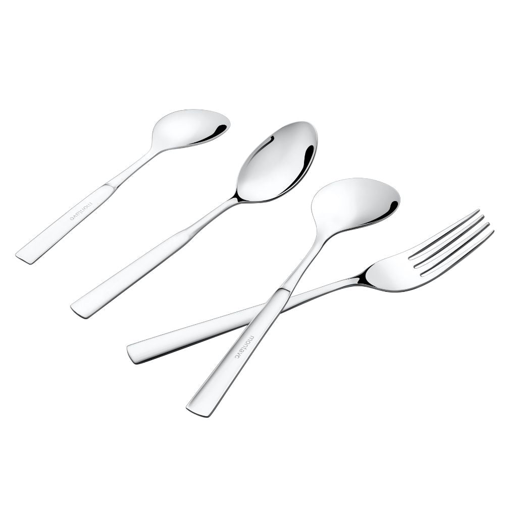 Modern stainless steel cutlery set featuring four pieces, arranged diagonally on a white background.