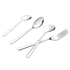 Modern stainless steel cutlery set featuring four pieces, arranged diagonally on a white background.