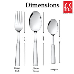 Dinner fork, dinner spoon, and teaspoon shown with lengths: 18 cm, 18 cm, and 13 cm respectively.